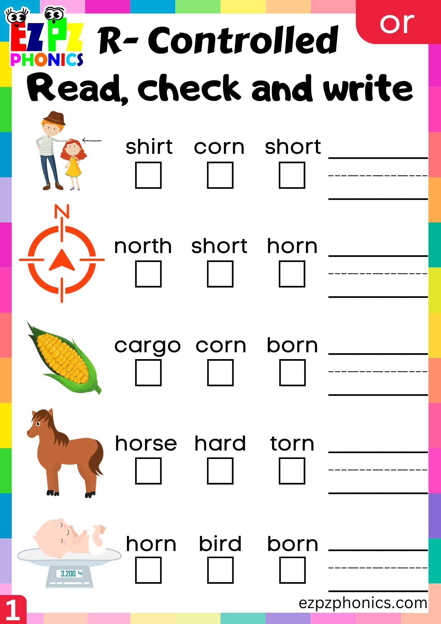 Read check and write worksheet or words R Controlled Vowels Phonics group 1